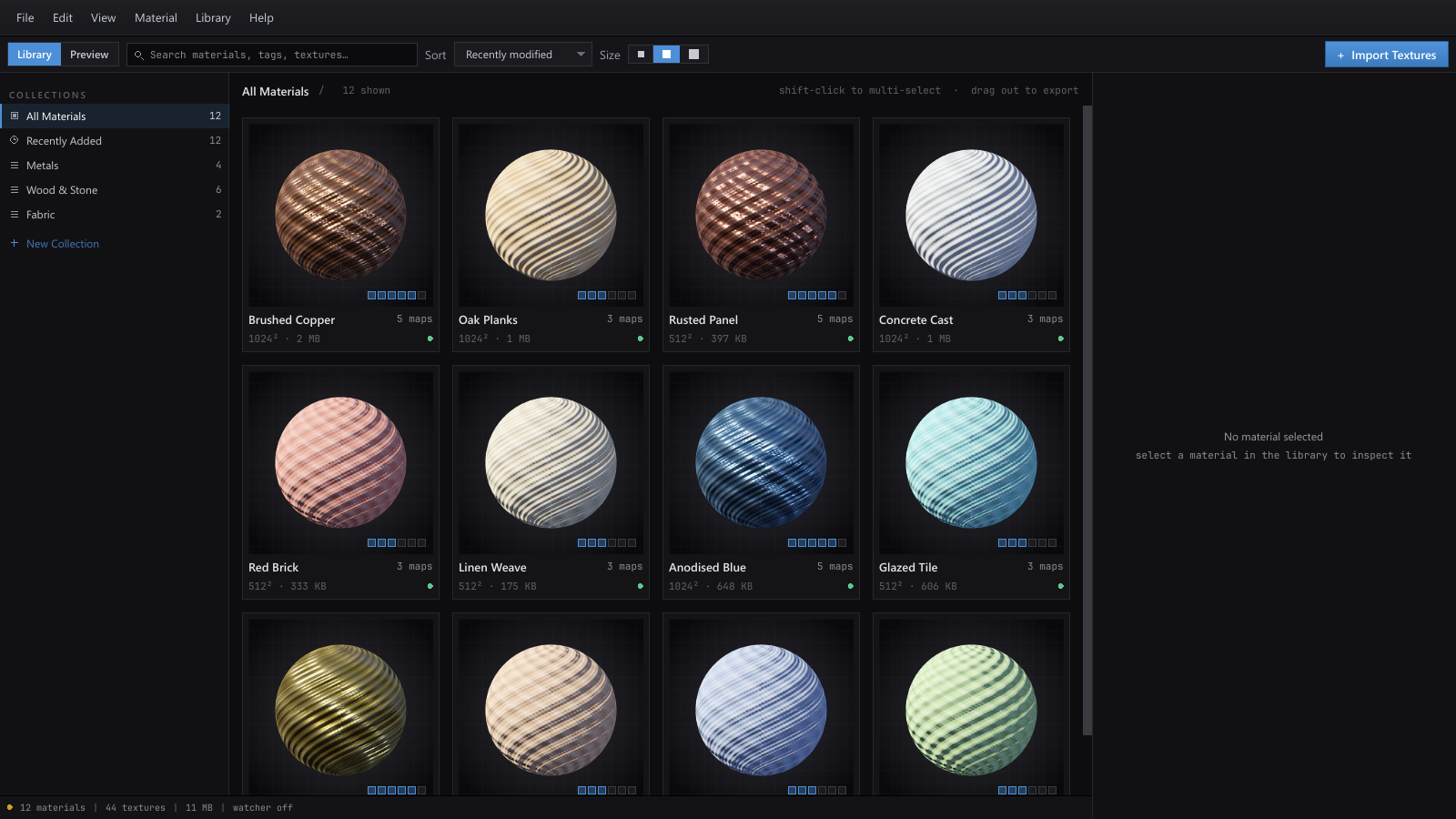 Materialist desktop app showing a library of PBR materials